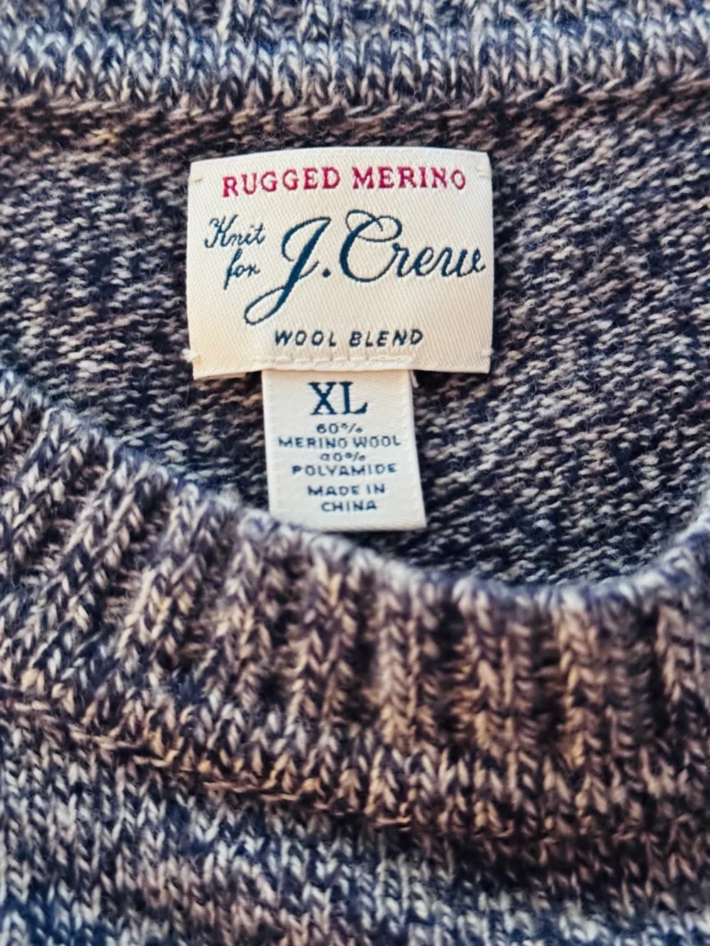 J. Crew Rugged Merino Wool Blend Blue White Marled Crewneck Sweater XL